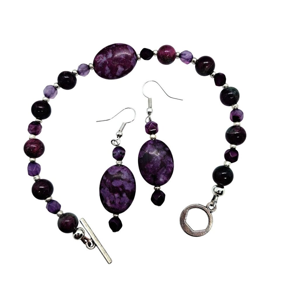 Purple green earrings and bracelet set fancy sapphire jasper agate handmade